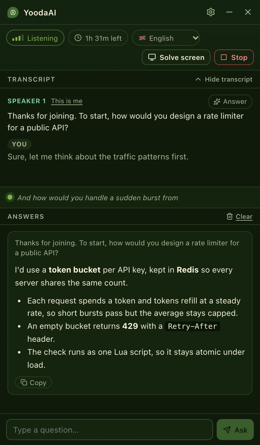 The YoodaAI window answering an interview question about rate limiting