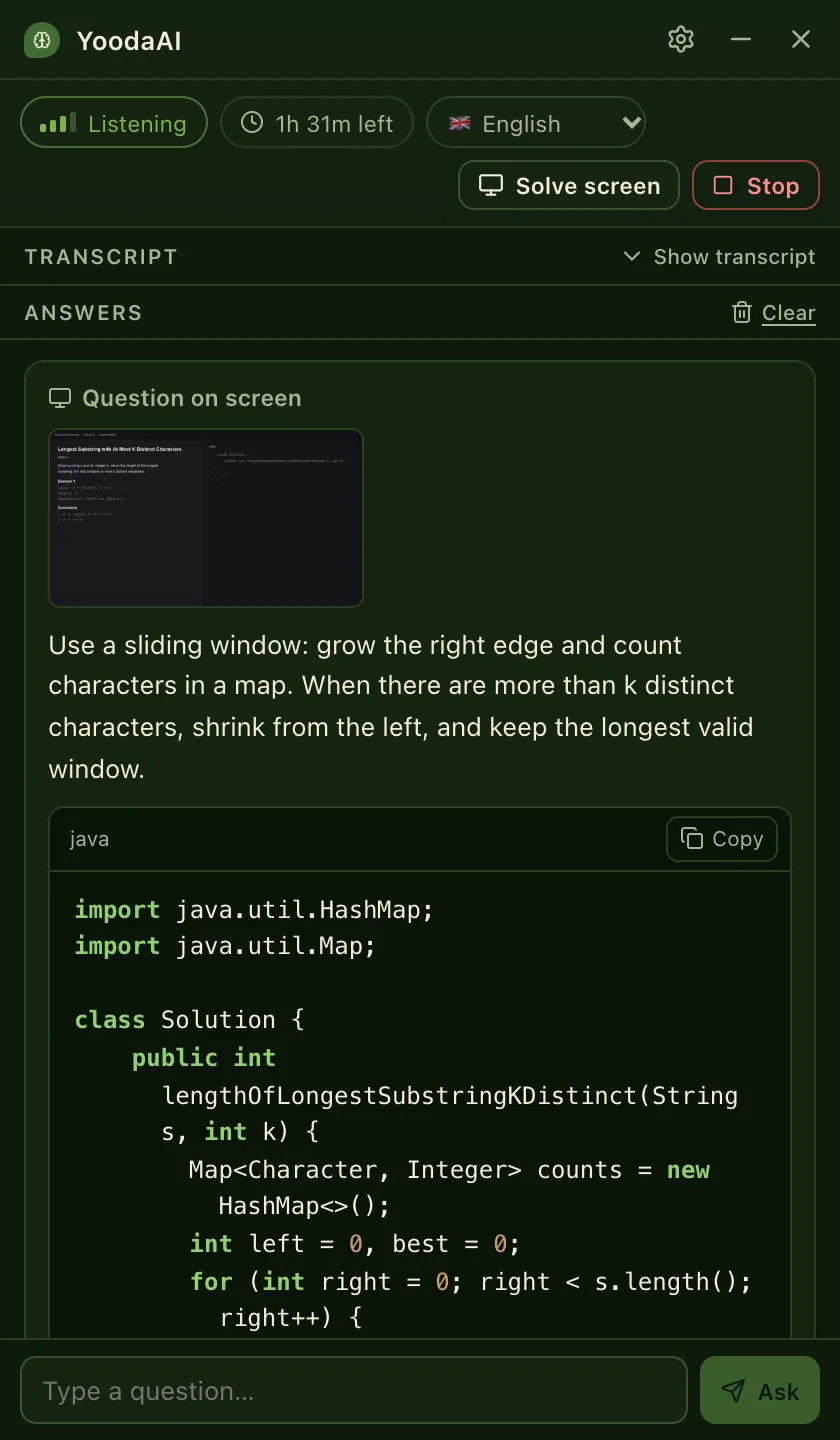 The YoodaAI window solving a coding question from the screen in Java